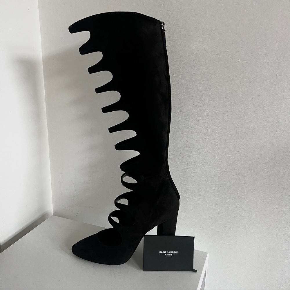 Saint Laurent black suede cut out cage Joplin 105 knee high boots